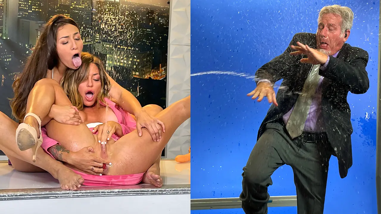 Lesbianas squirting comparten un consolador en televisión en vivo